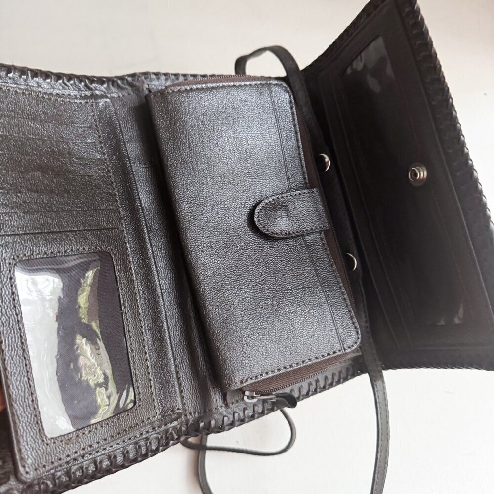 Vintage Leather Hand Tooled Leaf Acorn Print Wallet on A strap Crossbody - Picture 6 of 10